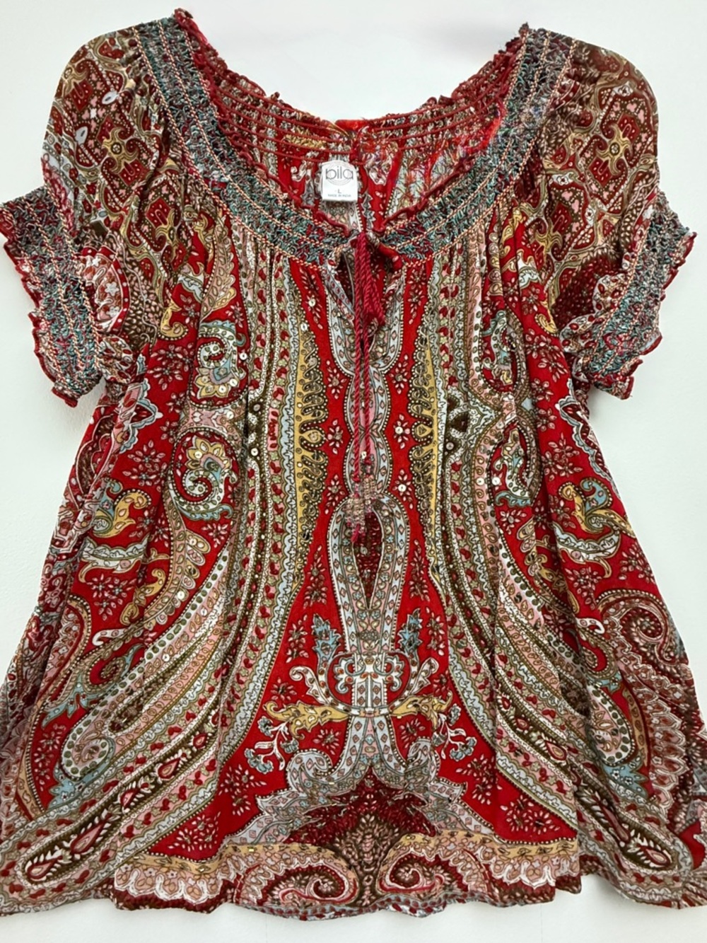 BKE Red Paisley Smocked Scoop-Neck Tunic